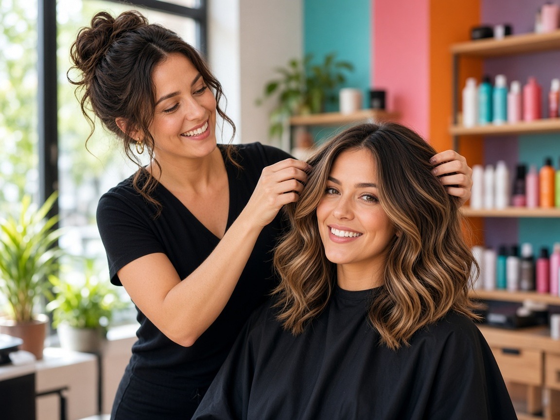 A stylist with a client in a colourful salon.