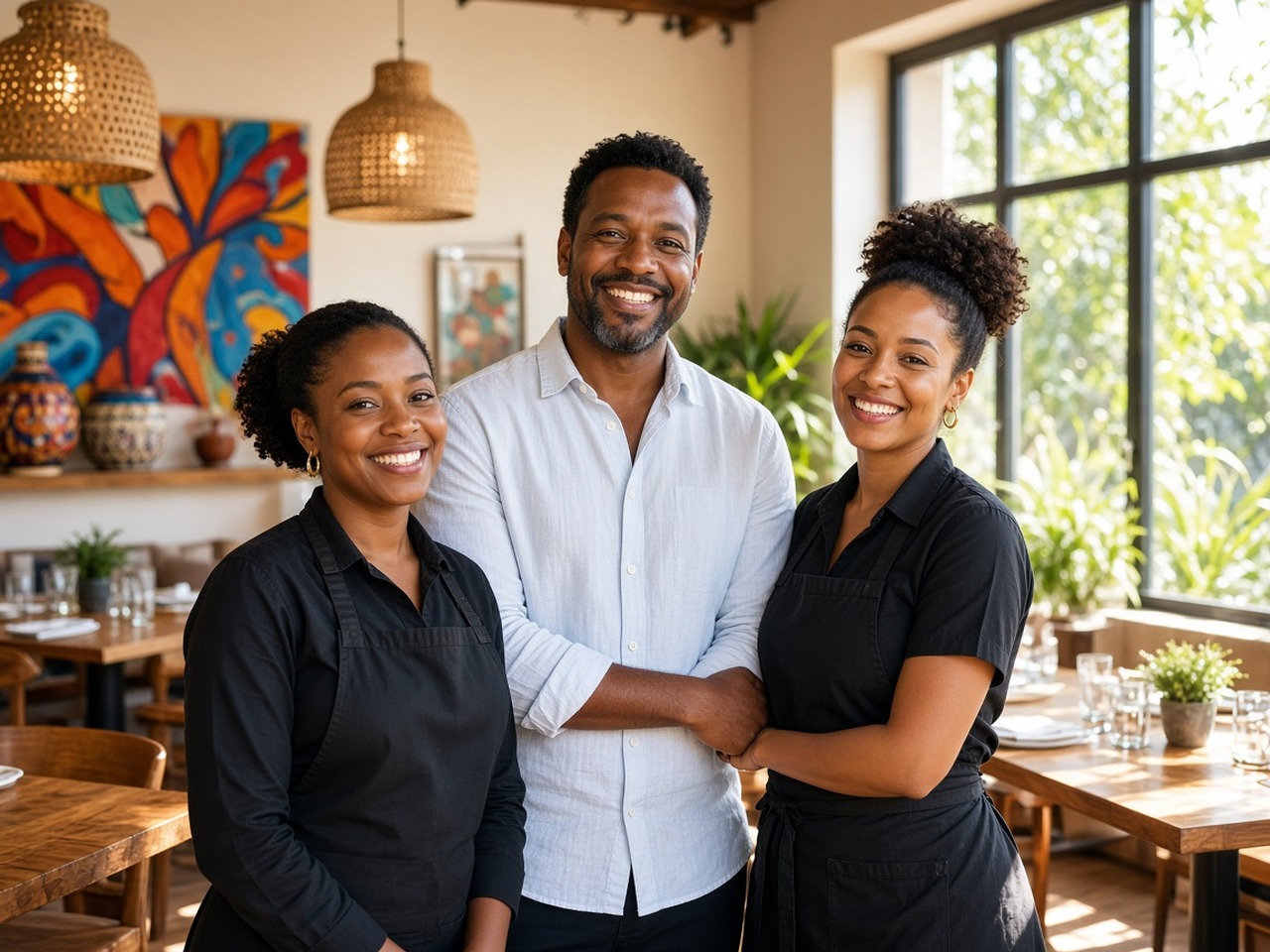 A business owner with the team in a bright dining room.