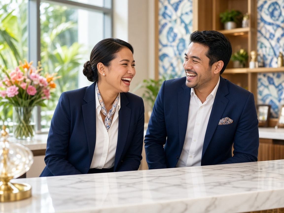 Hotel colleagues at a bright front desk.