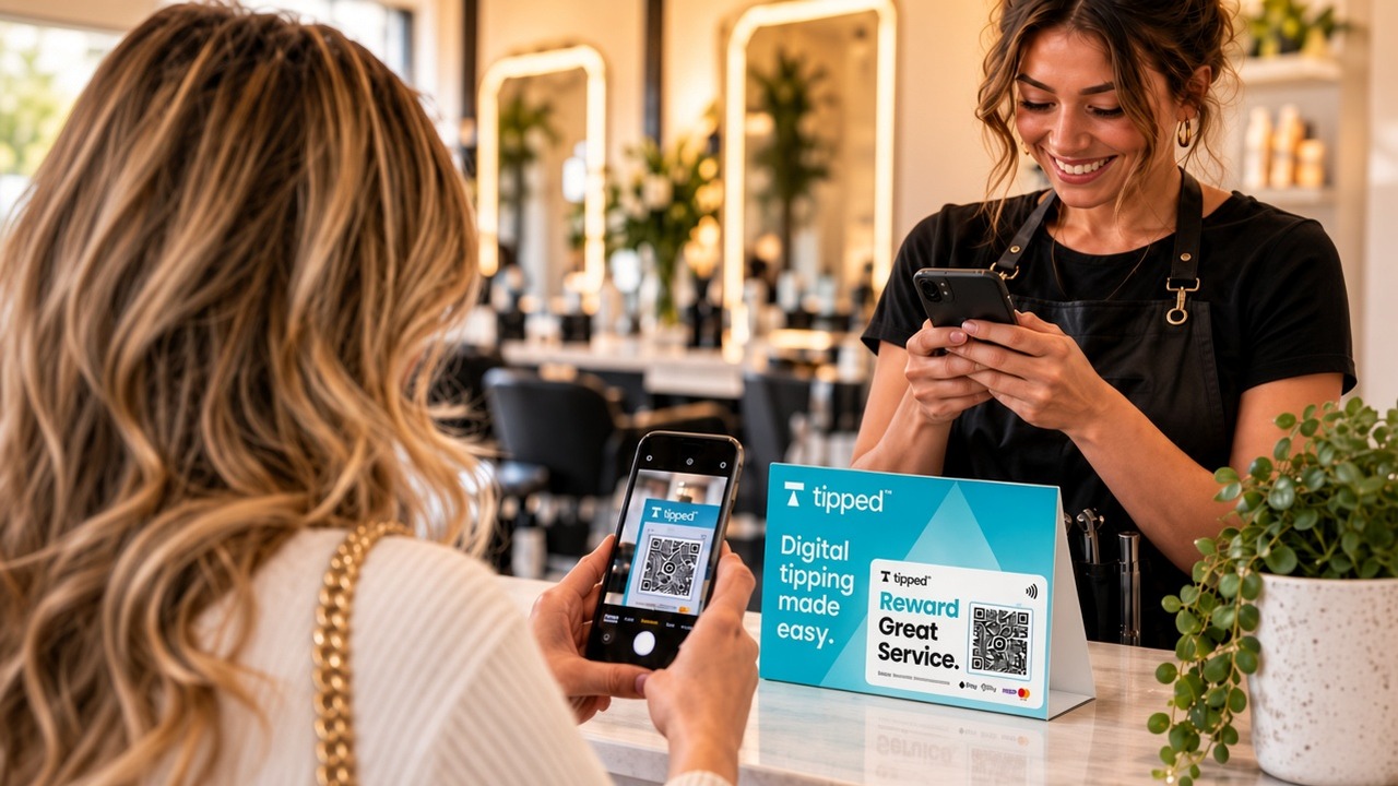 A guest scans the Tipped stand while a server sees the tip on a phone.